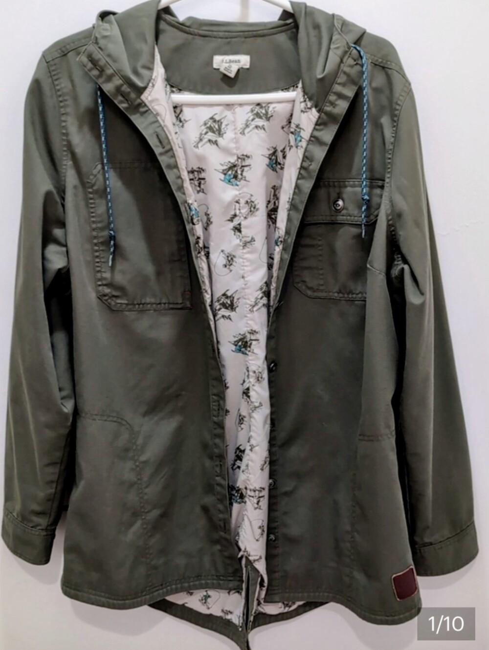 L.L. Bean Olive Green Hooded Utility Jacket with Printed Liner XL